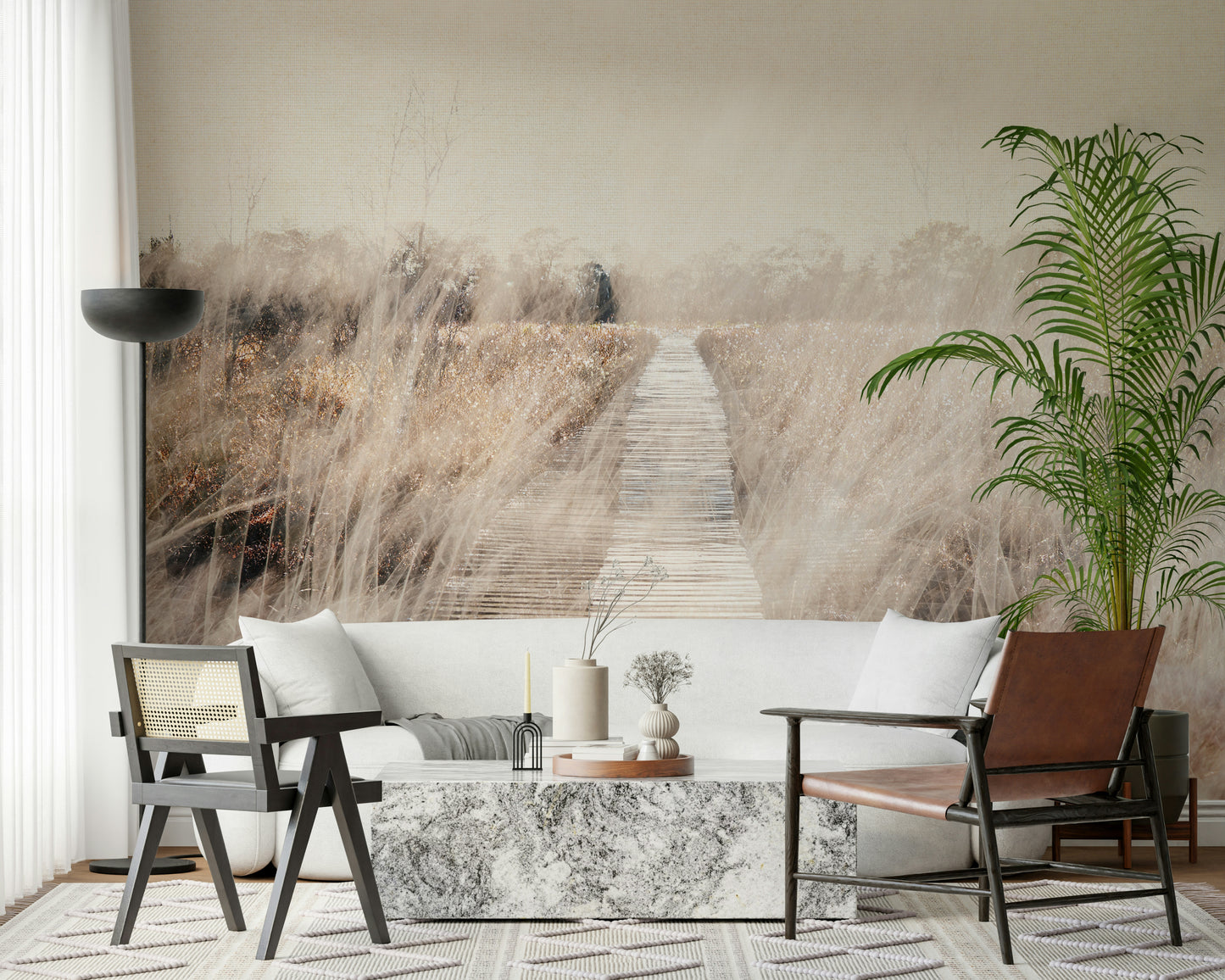 A beautiful wide-angle wall mural of a marsh landscape.