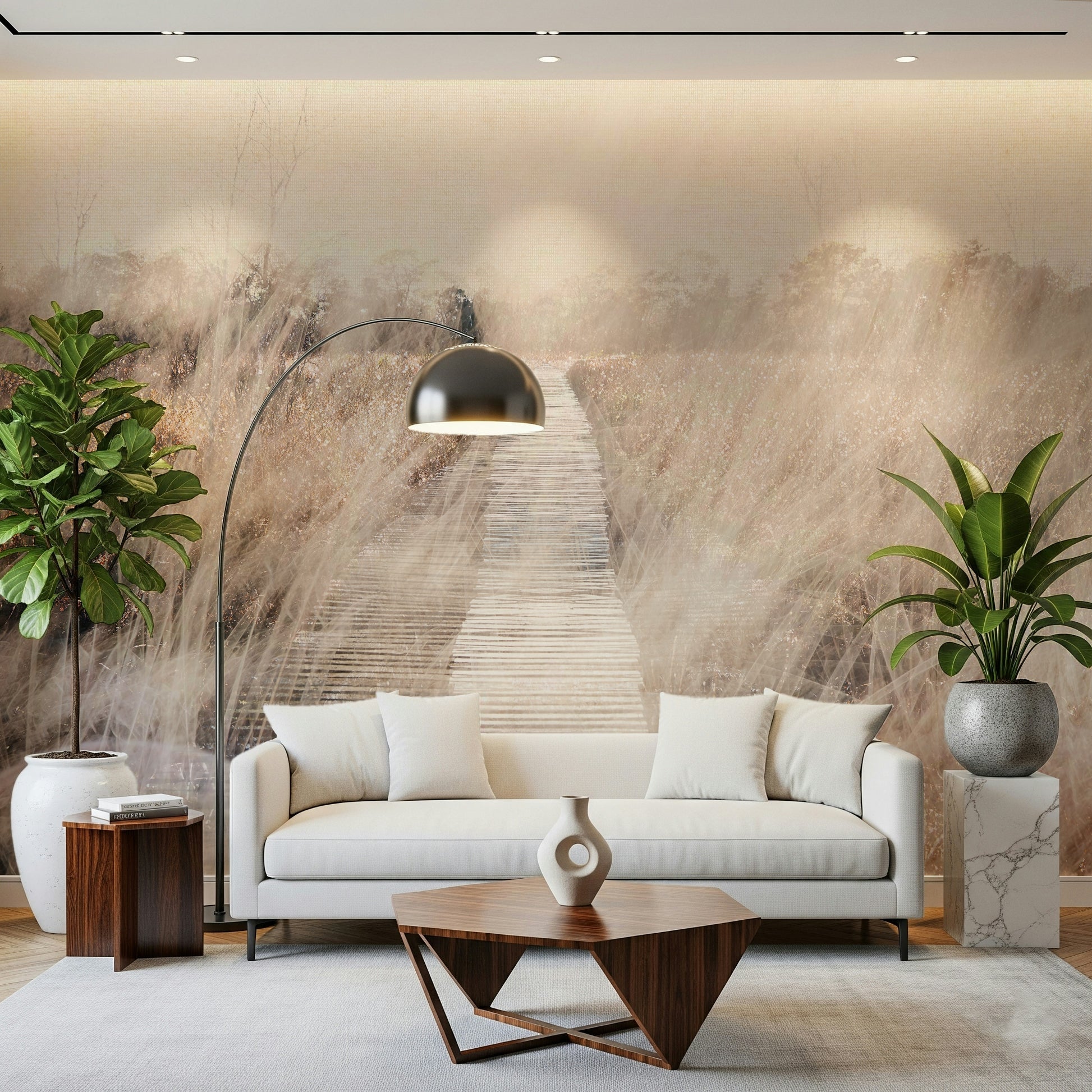 An artistic natural vista mural on scenic wallpaper.