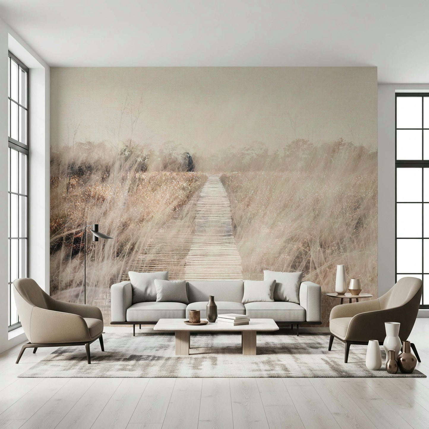 A graceful subtle pattern wall mural in cool, natural tones.