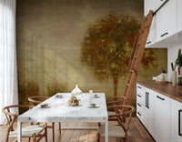 A peaceful modern abstract mural on decorative wallpaper.