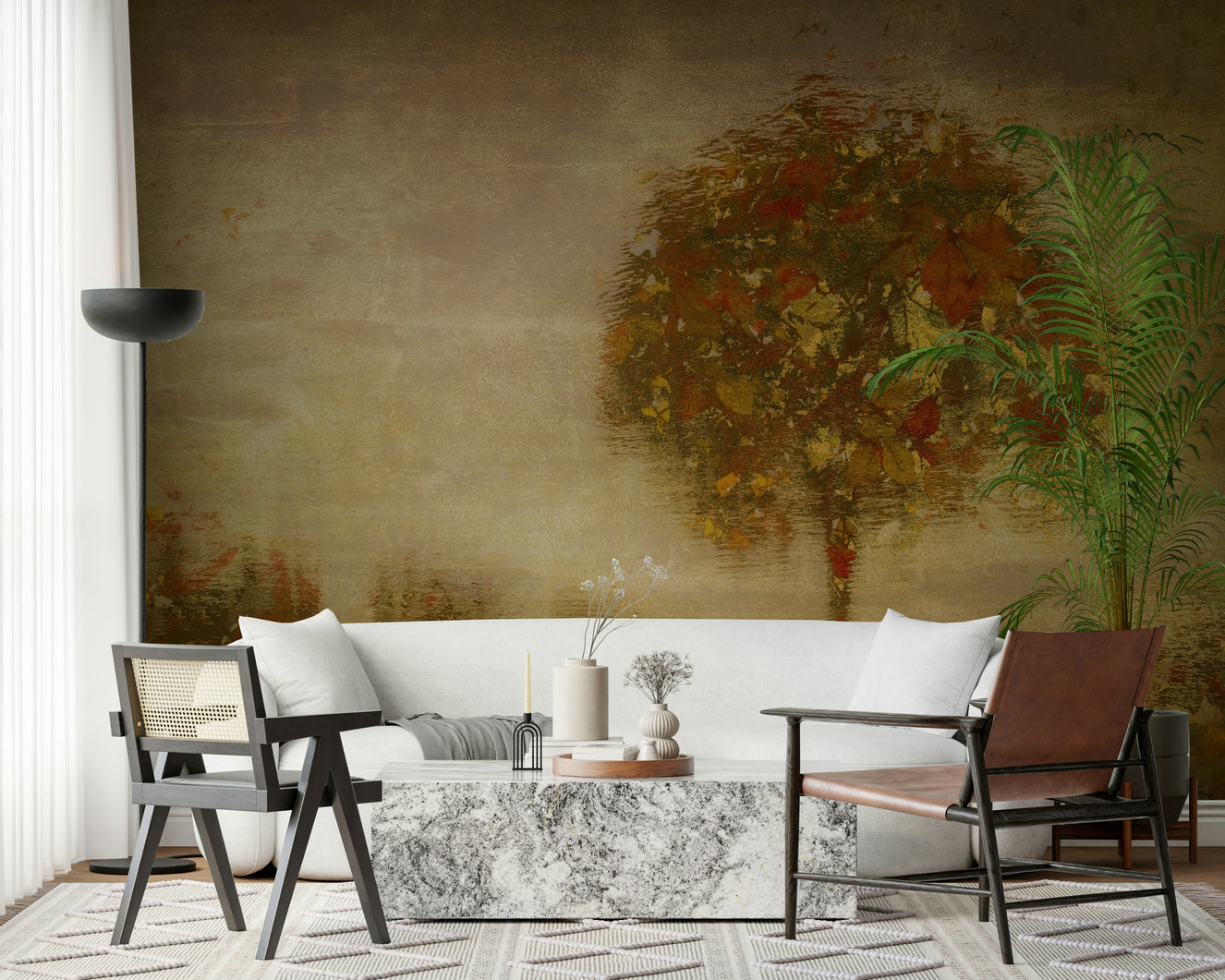 A beautiful abstract art wallpaper mural in warm, autumnal hues and tones.