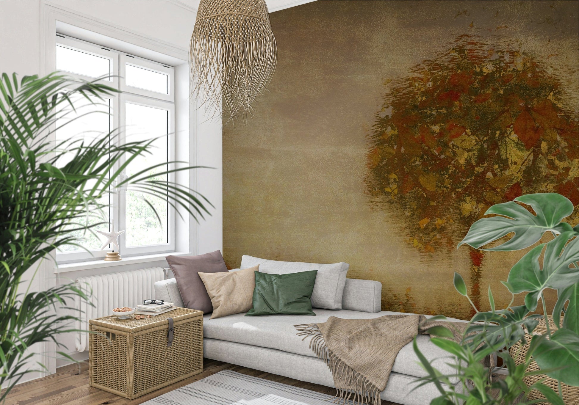 A calming abstract design wallpaper mural that defines a space.