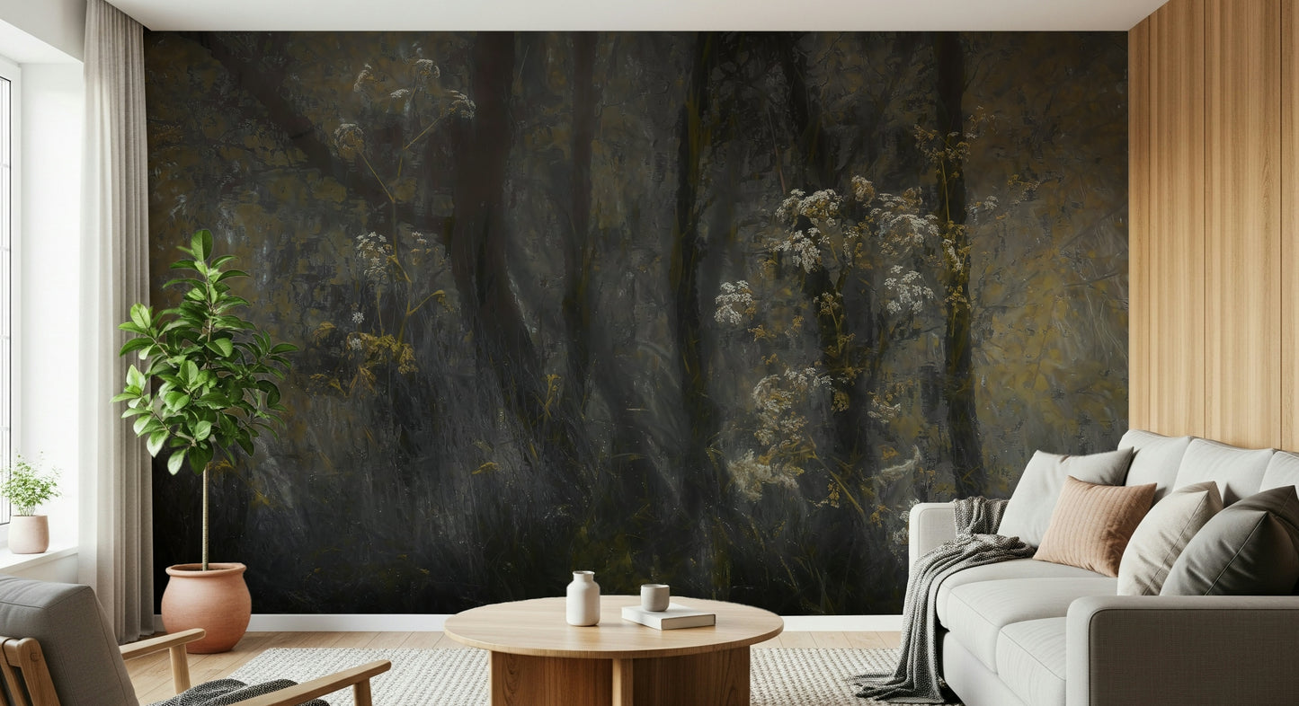 A peaceful woodland vista mural on decorative wallpaper.