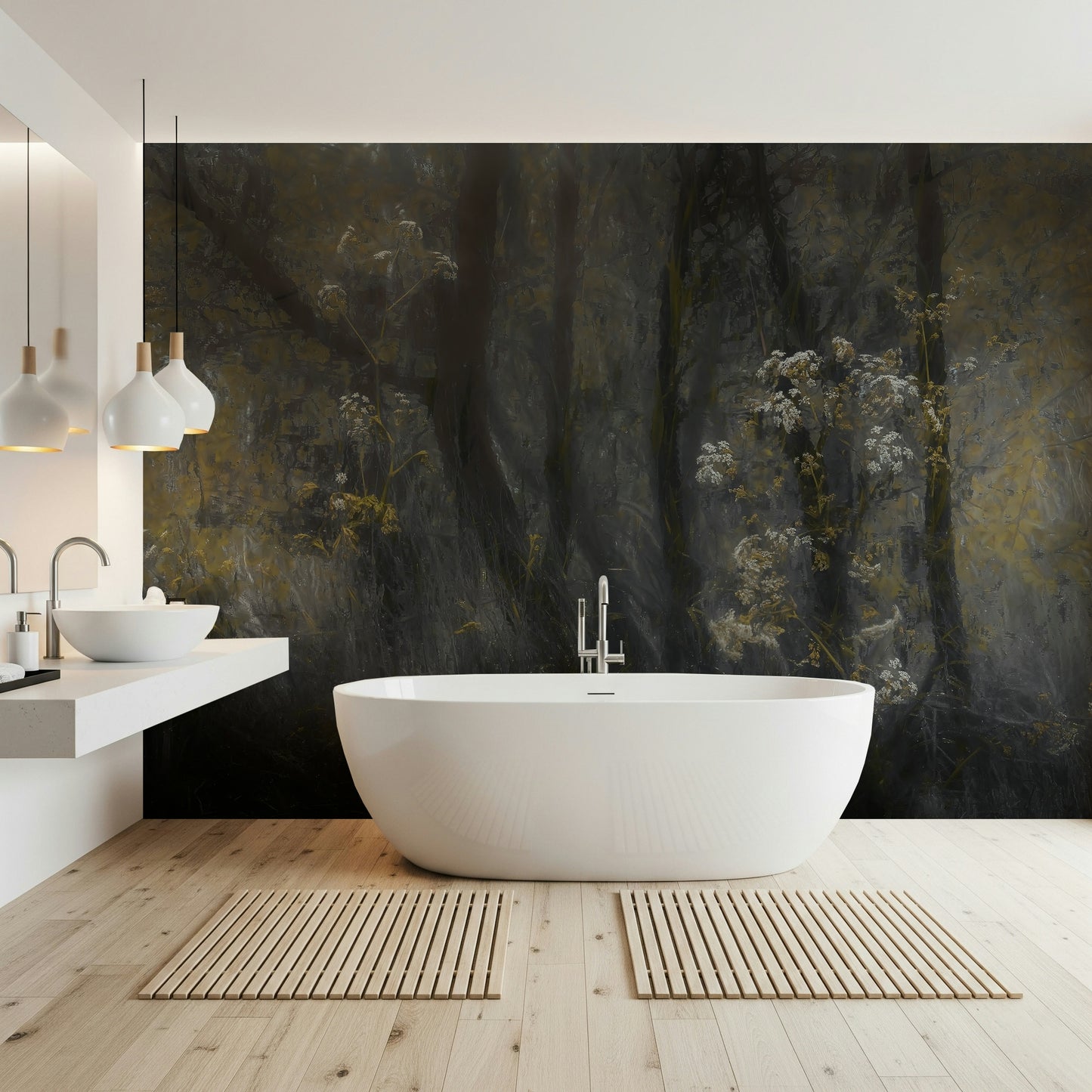 A beautiful wide-angle wall mural of a misty wood.