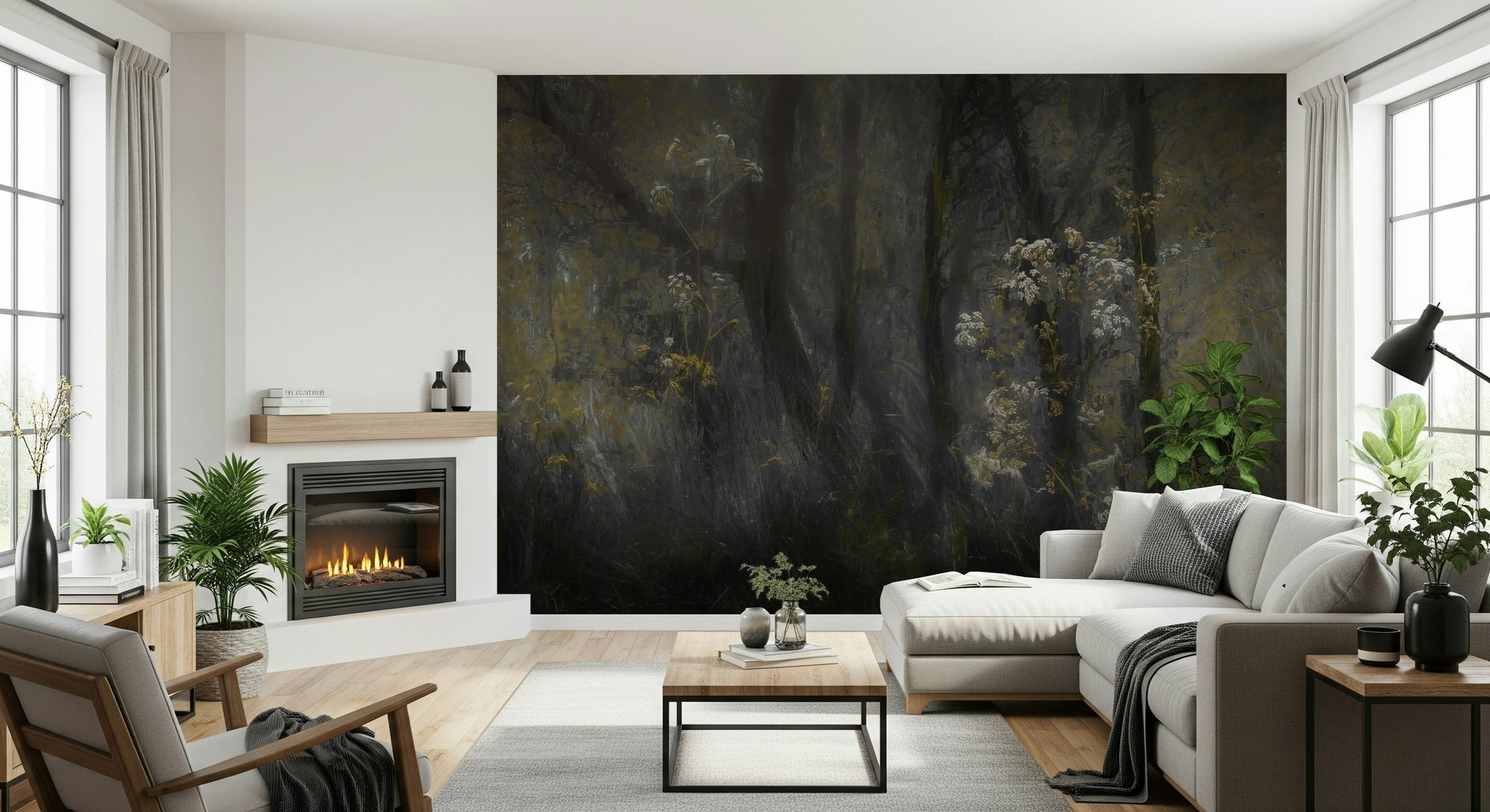 An artistic dark forest mural on scenic wallpaper.