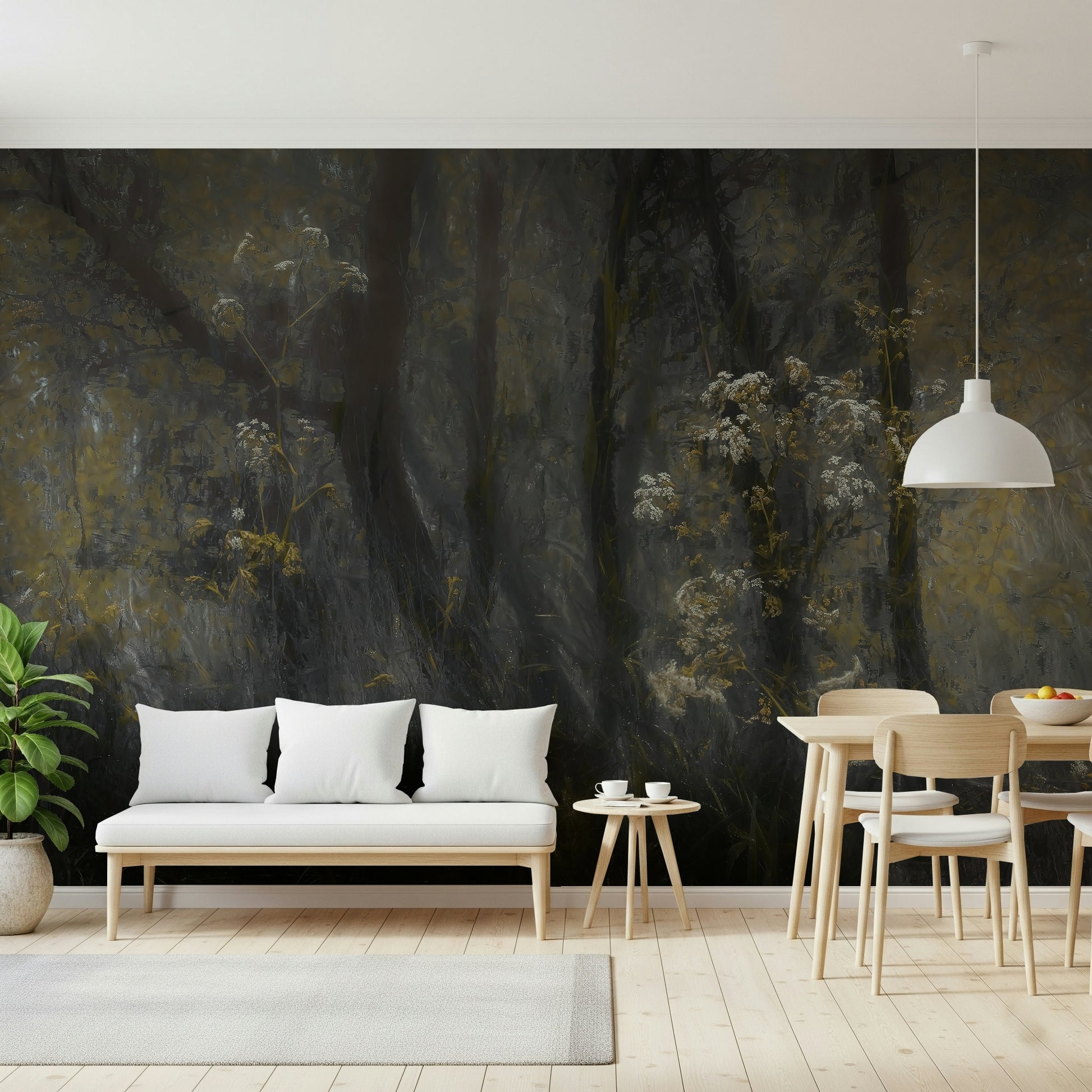 A calming serene forest wallpaper mural that defines a space.