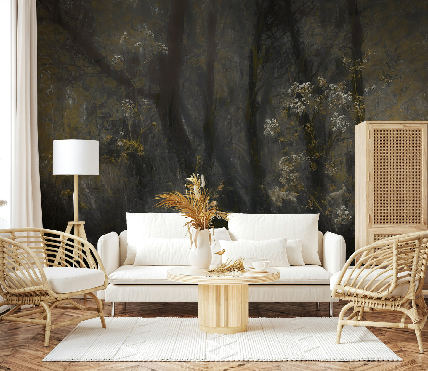 A graceful subtle light wall mural in dark, dramatic tones.