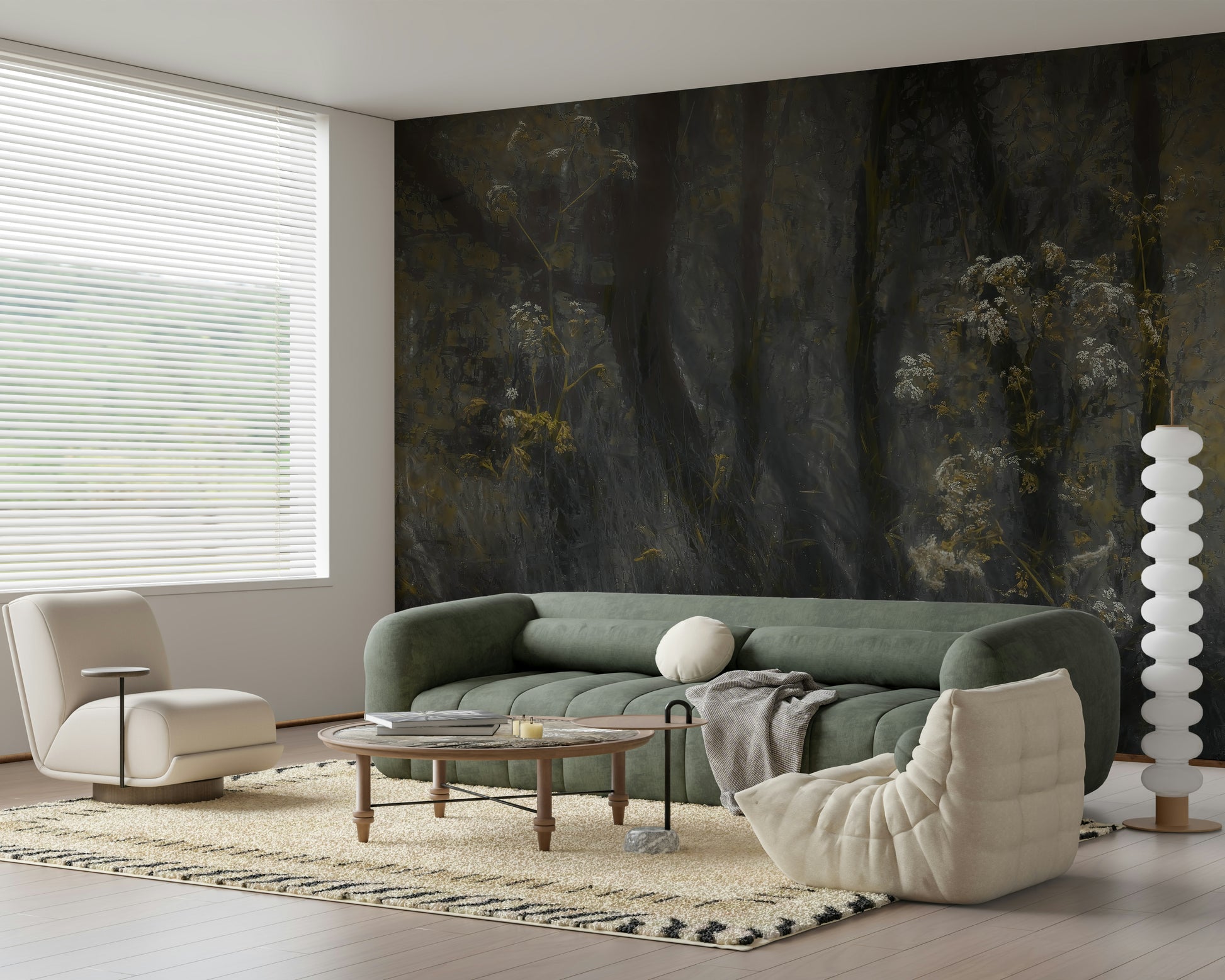 A contemplative floral pattern wallpaper mural for a feature wall.