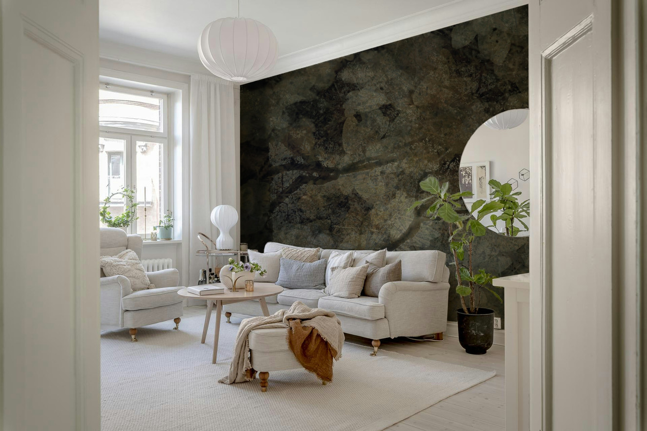 A beautiful serene forest wallpaper mural with subtle, ethereal light.