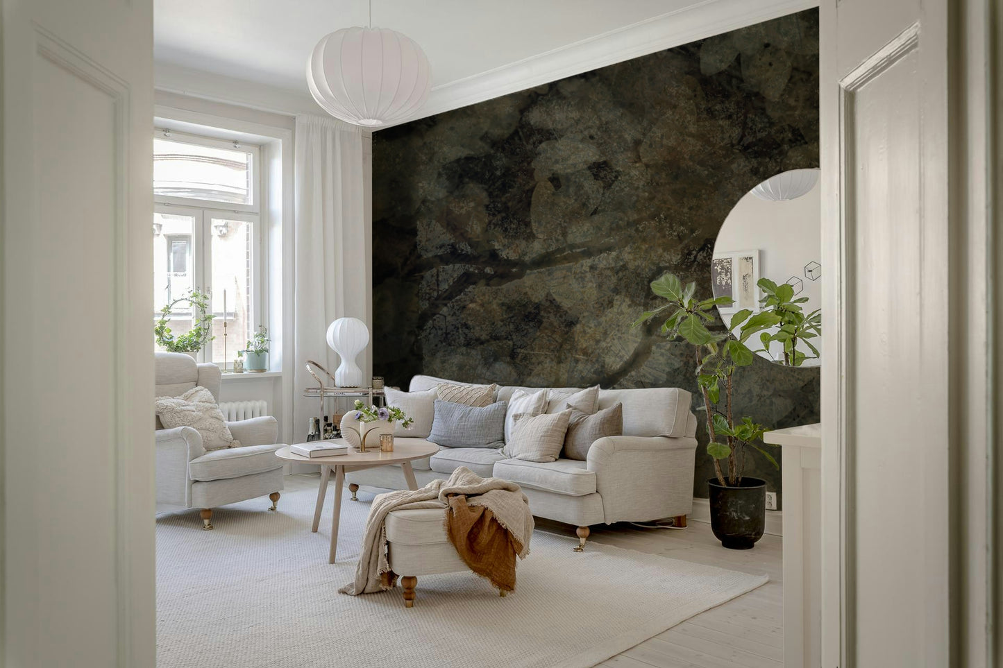 A beautiful serene forest wallpaper mural with subtle, ethereal light.