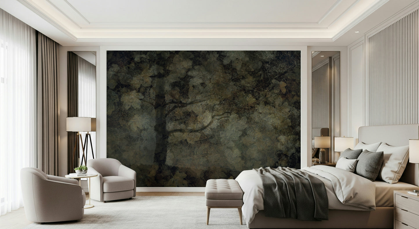 A graceful subtle tree wall mural in cool, natural tones.