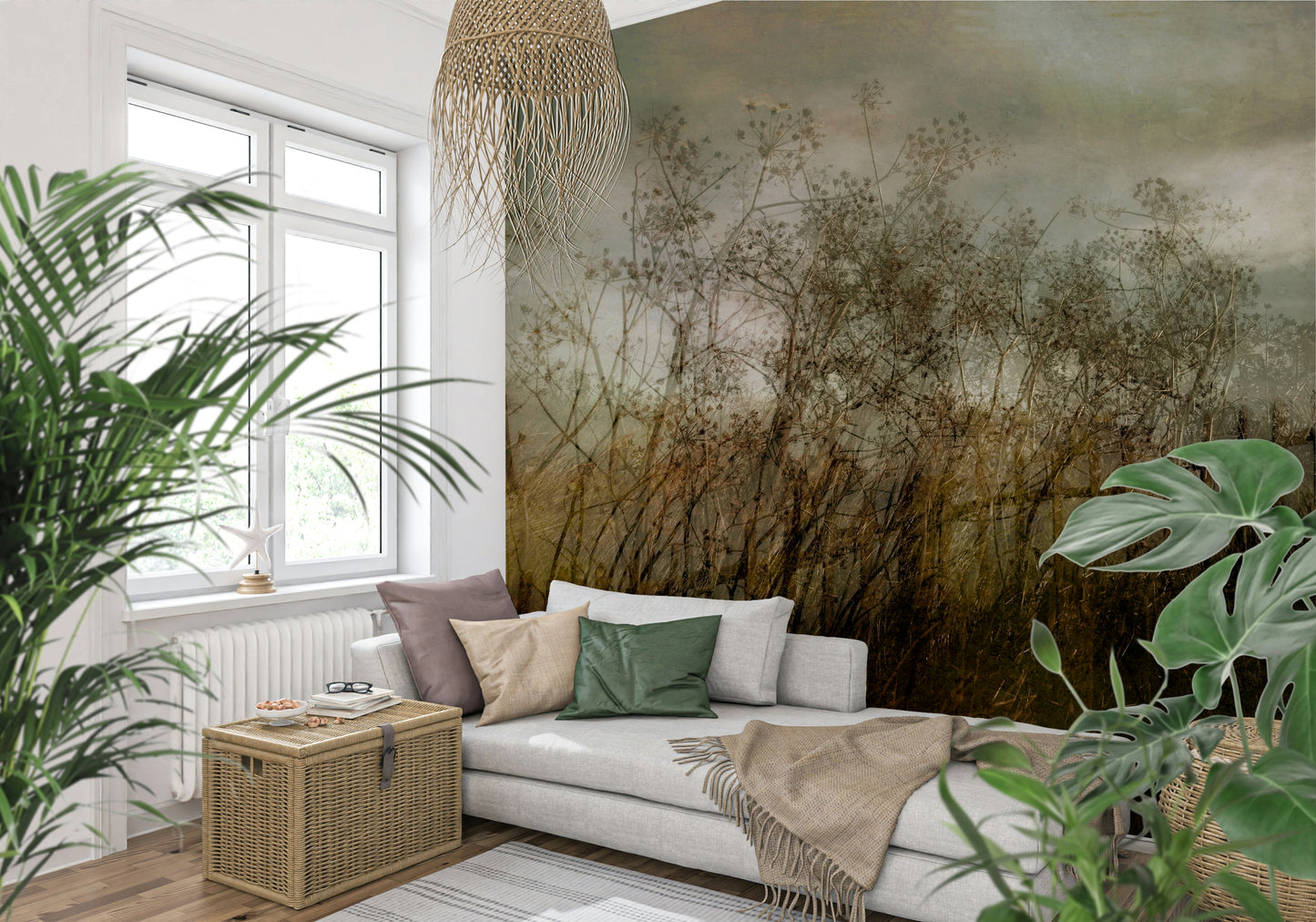 A contemplative misty garden wallpaper mural for a feature wall.