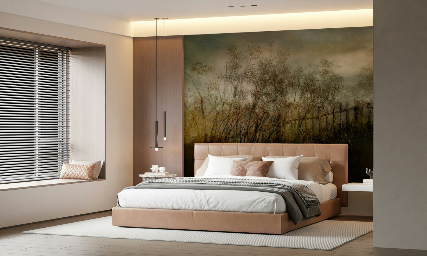 An artistic lush leaves mural on minimalist wallpaper.