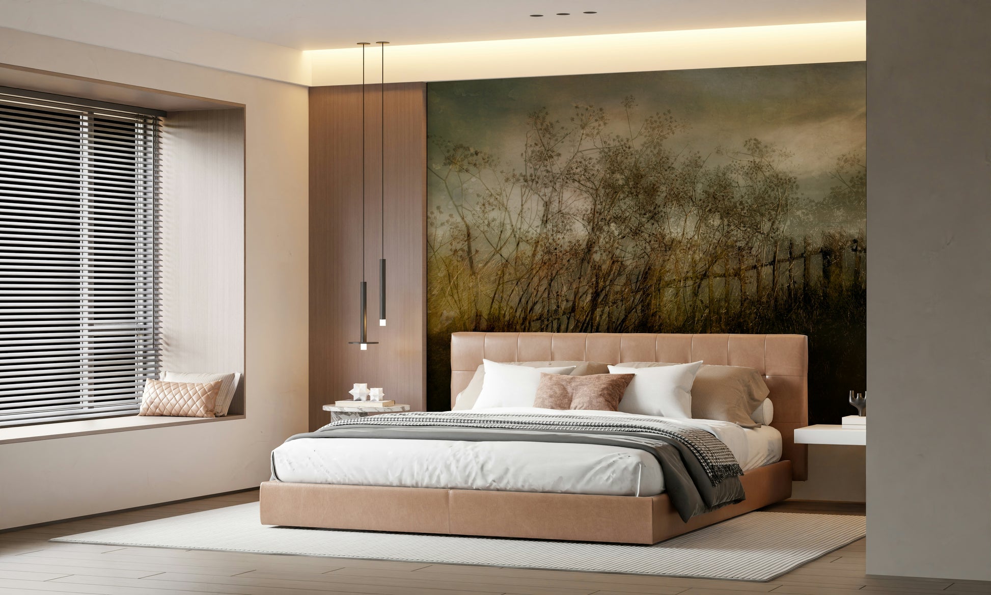 An artistic lush leaves mural on minimalist wallpaper.