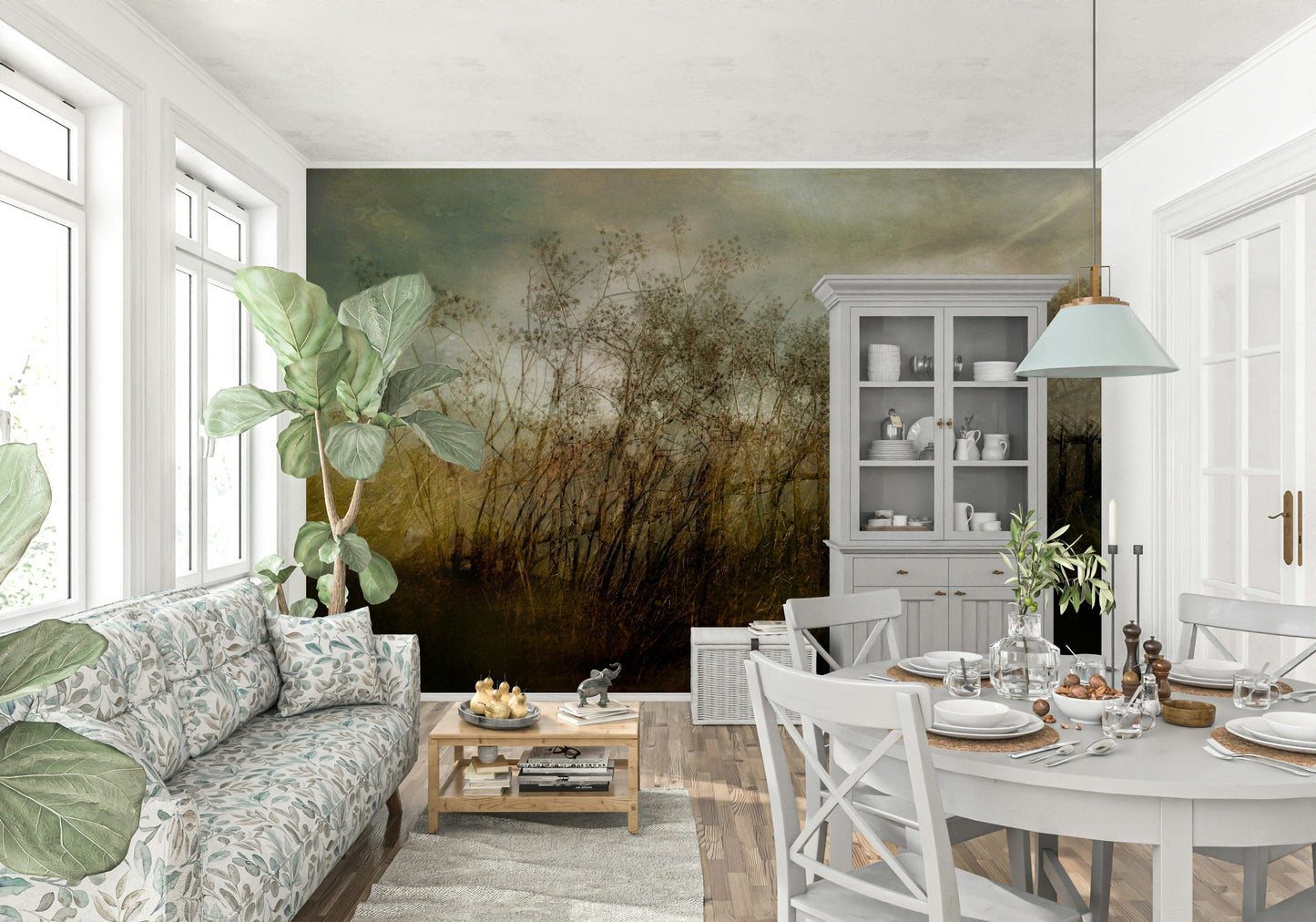 A beautiful modern art wall mural of delicate leaves.
