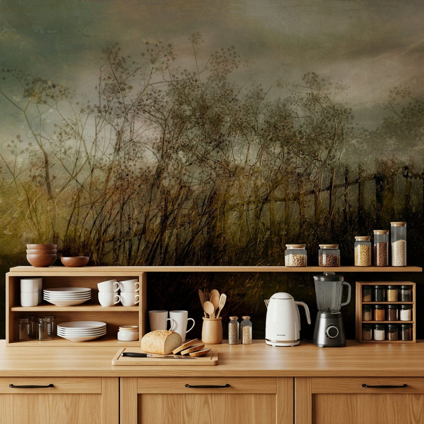 A peaceful botanical design mural on decorative wallpaper.