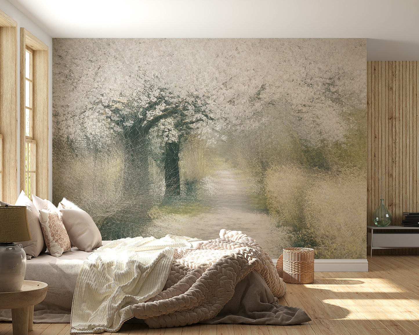 A graceful subtle flower wall mural in soft, elegant tones.