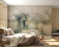 A graceful subtle flower wall mural in soft, elegant tones.
