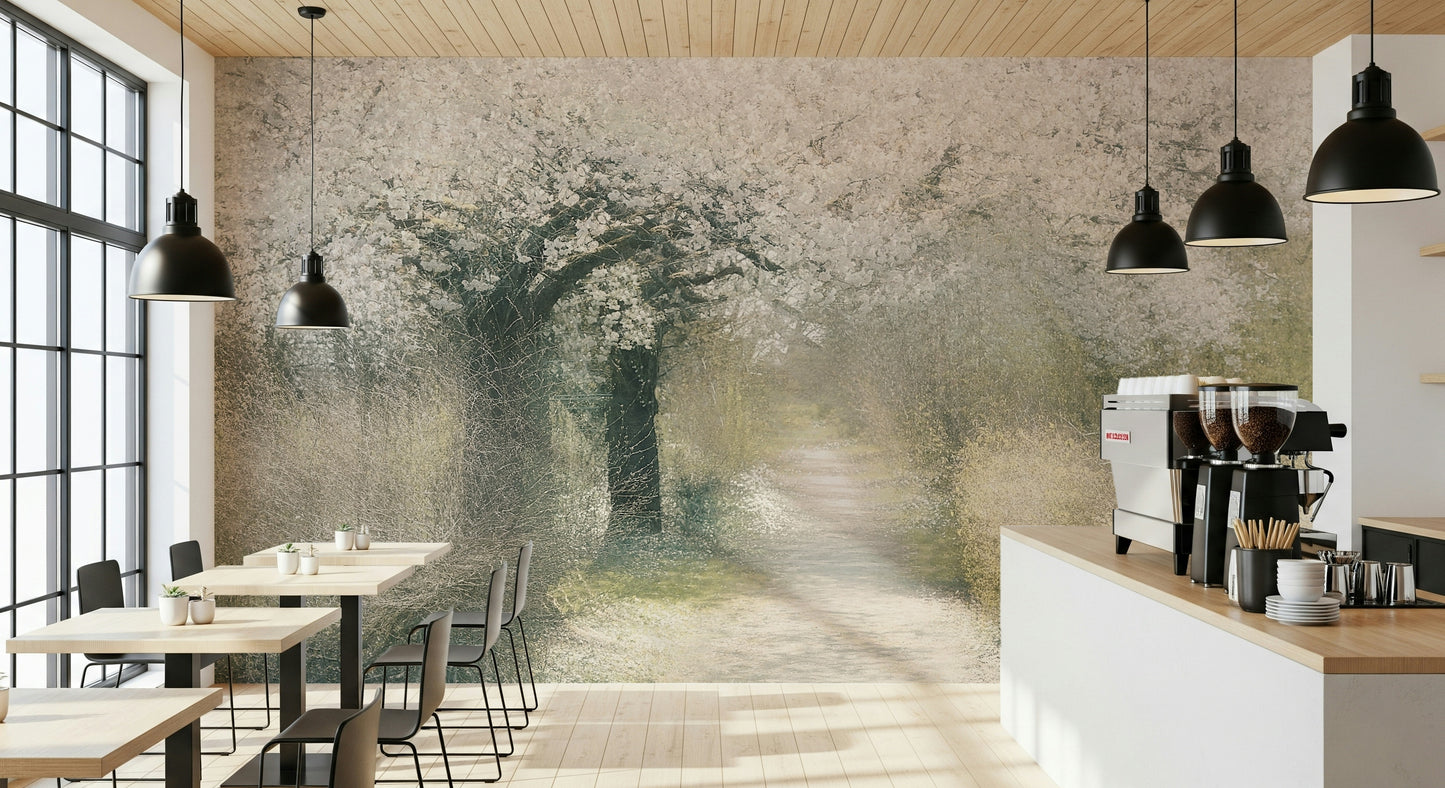 A peaceful flower design mural on decorative wallpaper.