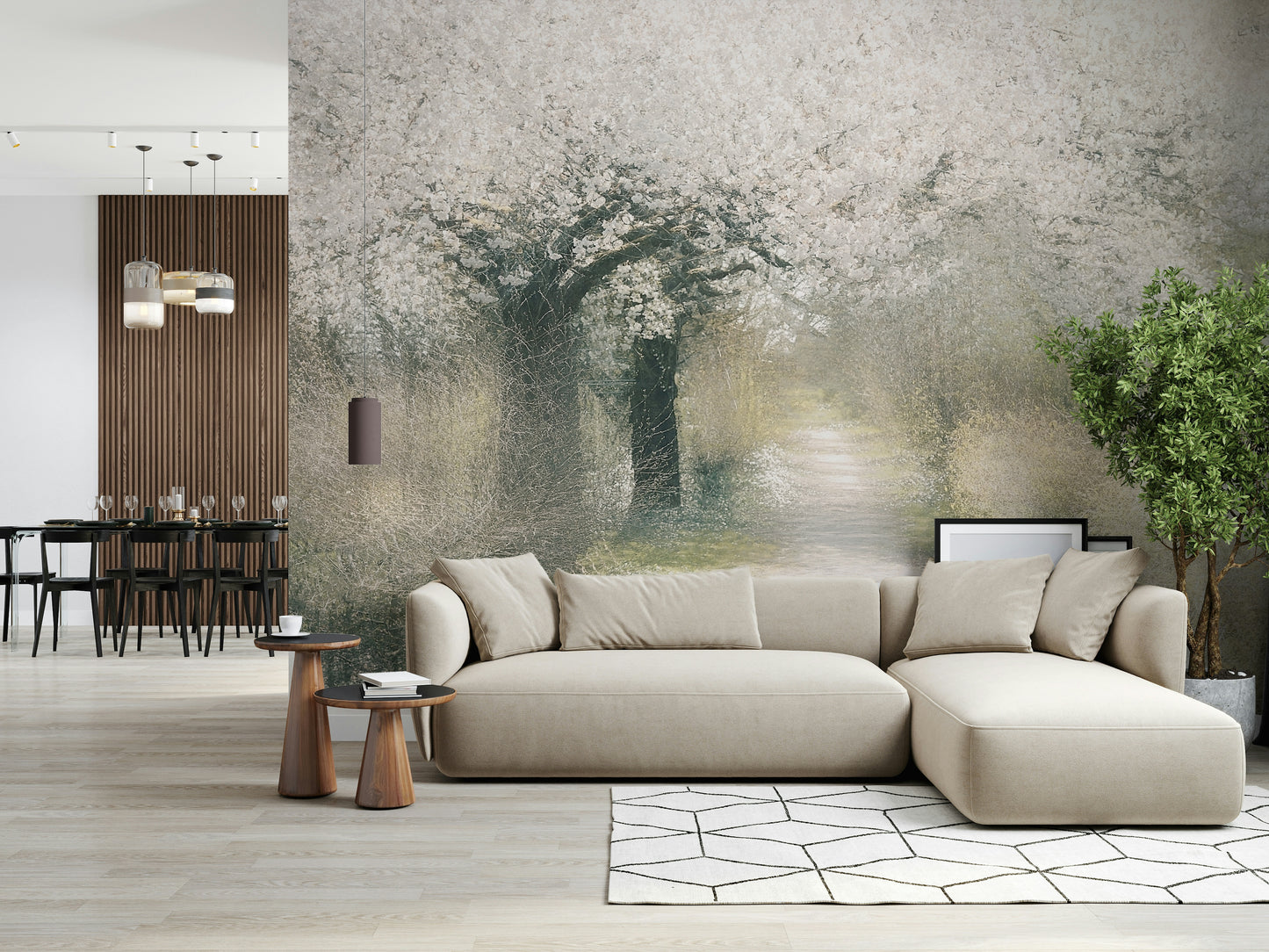 A contemplative floral pattern wallpaper mural for a feature wall.