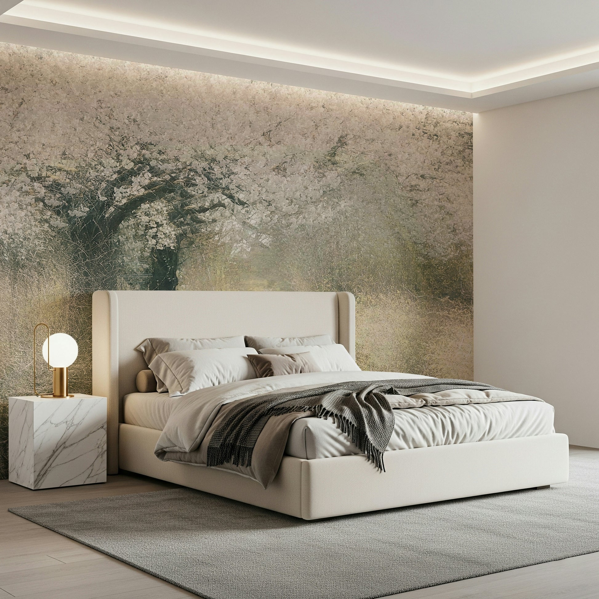 An artistic delicate bloom mural on minimalist wallpaper.