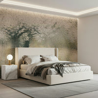 An artistic delicate bloom mural on minimalist wallpaper.