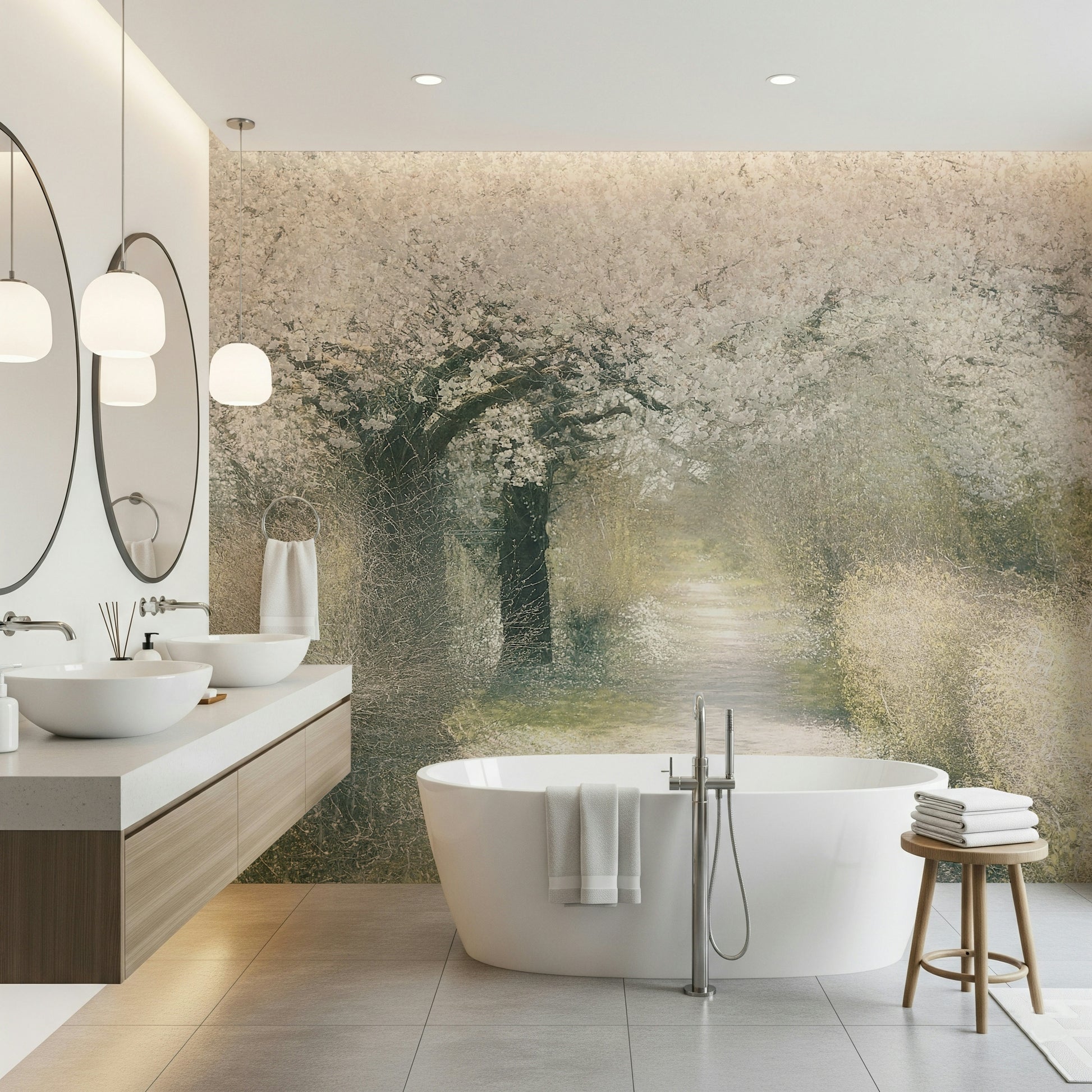 A beautiful subtle floral wallpaper mural with a winding blossom path.