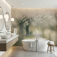 A beautiful subtle floral wallpaper mural with a winding blossom path.