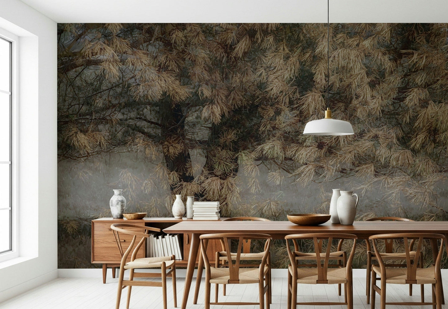 A beautiful wide-angle wall mural of a dreamy wood.