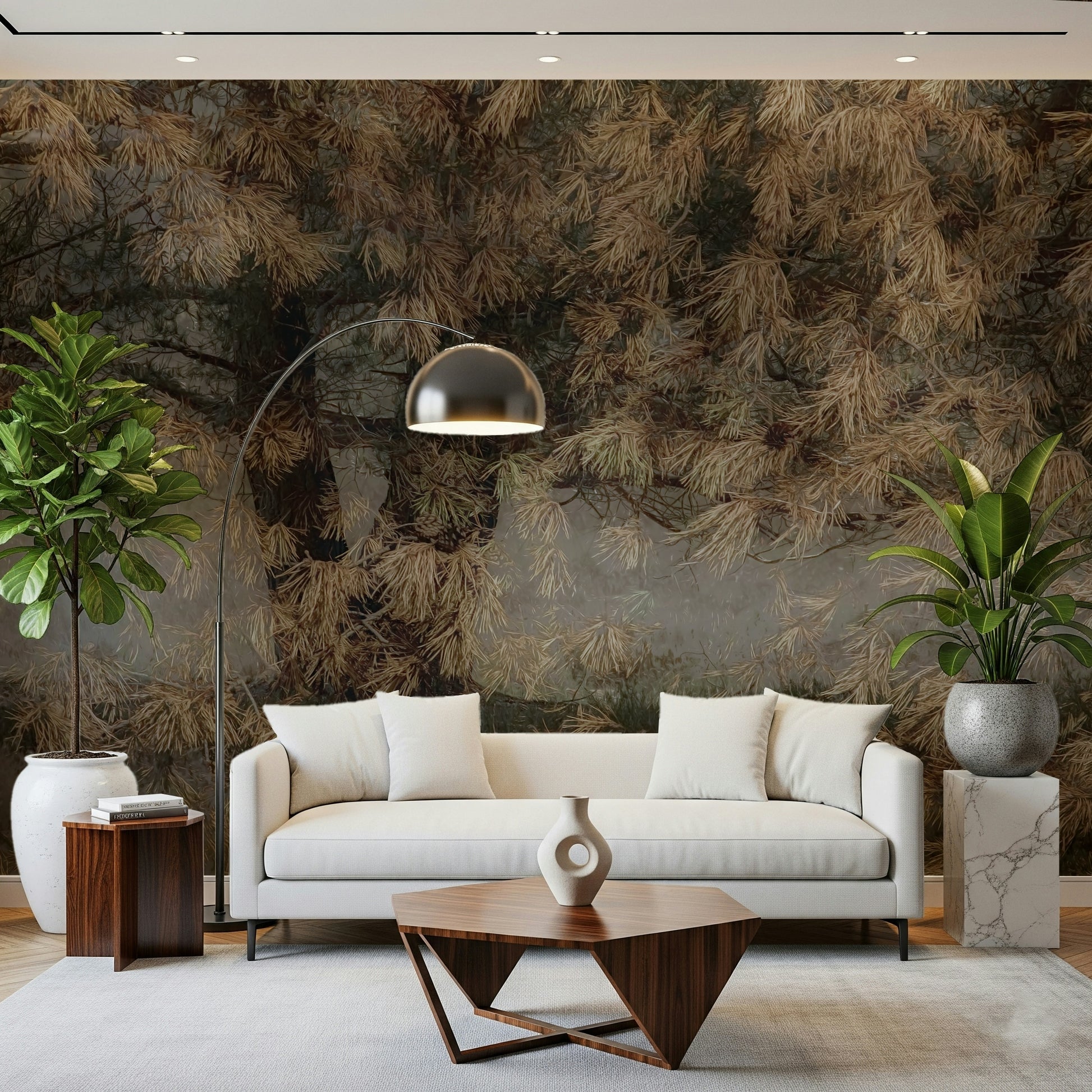 An artistic dreamy landscape mural on minimalist wallpaper.