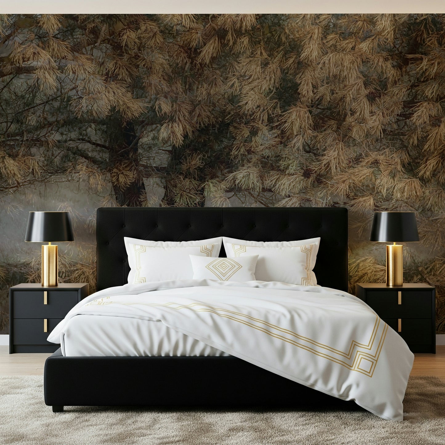 A calming serene forest wallpaper mural that defines a space.