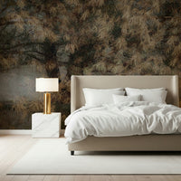 A peaceful woodland vista mural on decorative wallpaper.