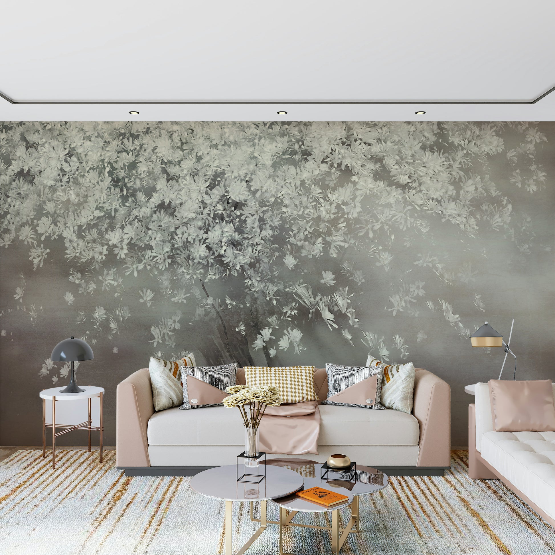 A contemplative floral pattern wallpaper mural for a feature wall.