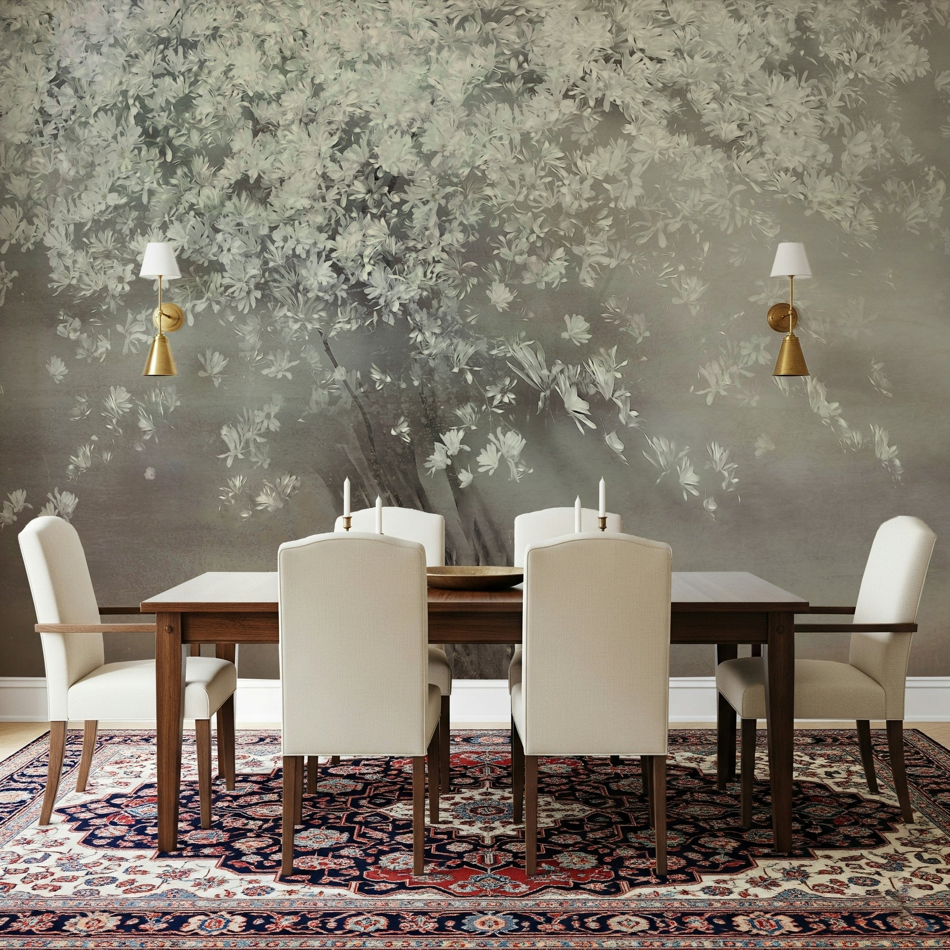 An artistic soft focus tree mural on minimalist wallpaper.