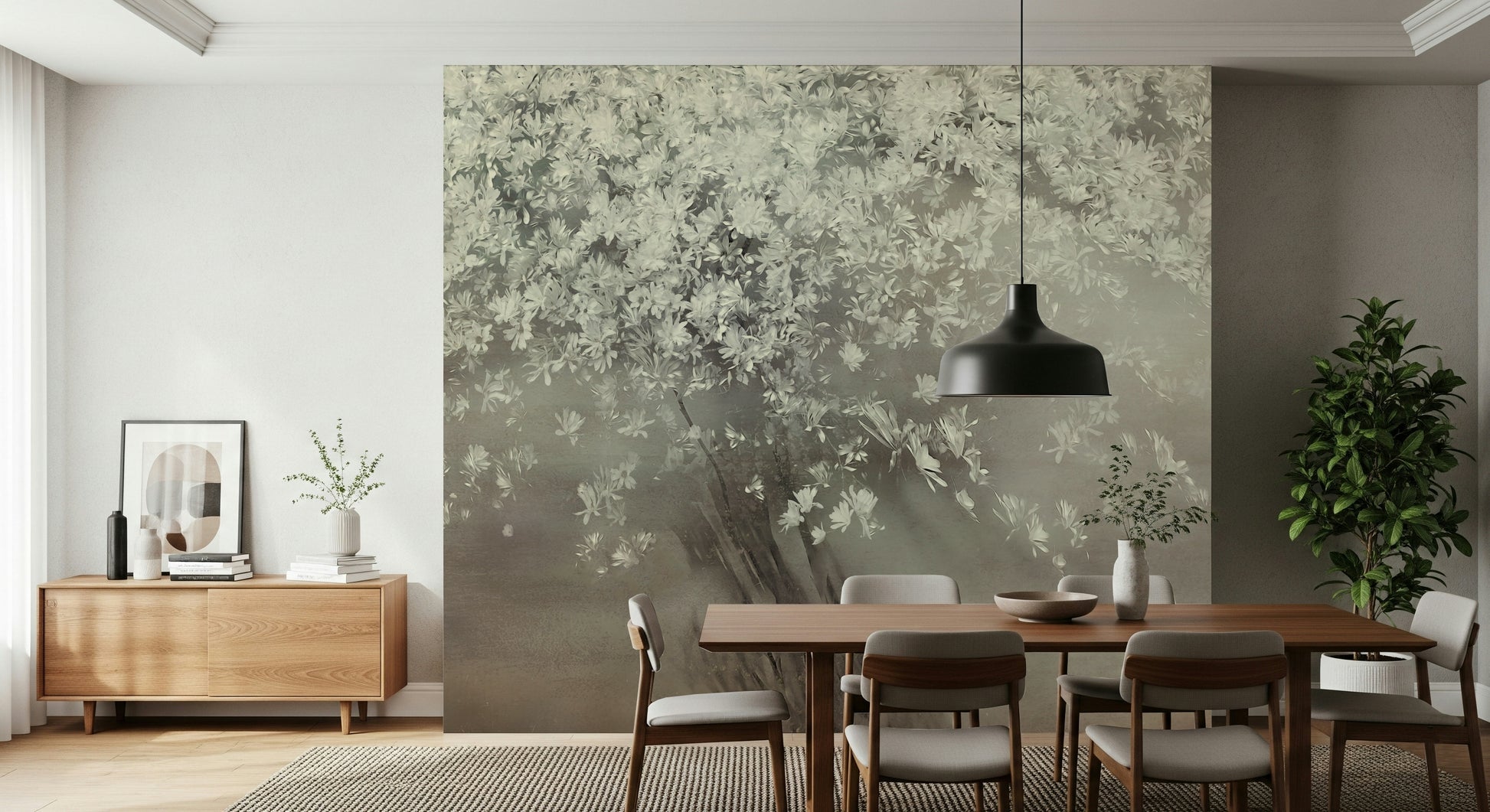 A graceful subtle bloom wall mural in soft, elegant tones.