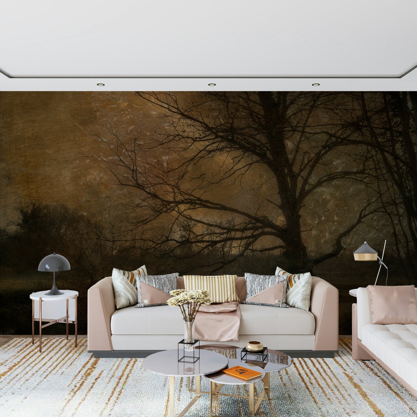 A beautiful golden grove wallpaper mural bathed in twilight light.