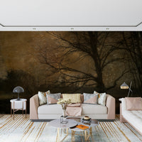 A beautiful golden grove wallpaper mural bathed in twilight light.
