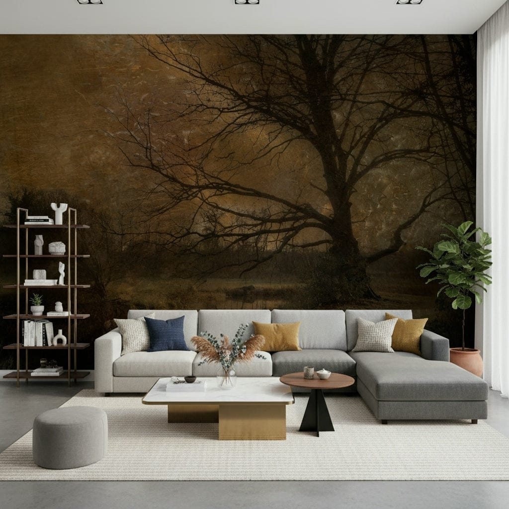 A peaceful woodland vista mural on decorative wallpaper.