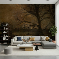 A peaceful woodland vista mural on decorative wallpaper.