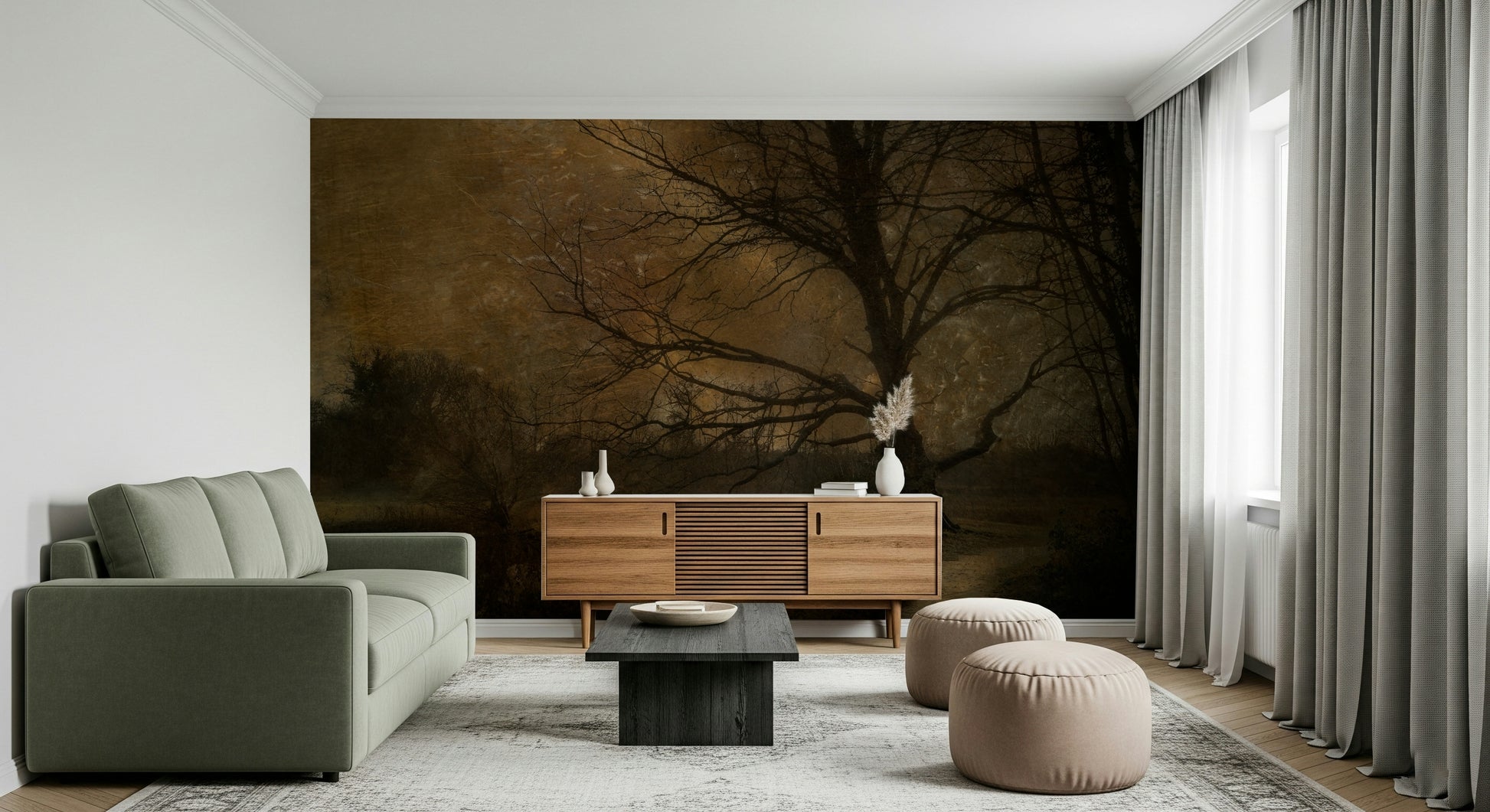 A calming serene forest wallpaper mural that defines a space.