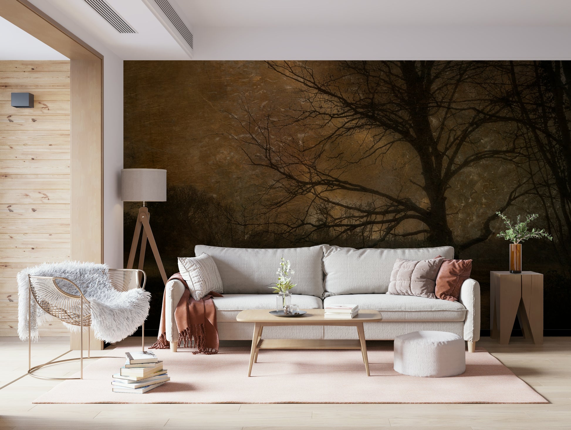 A beautiful wide-angle wall mural of a dreamy wood.