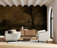 An artistic delicate tree mural on minimalist wallpaper.