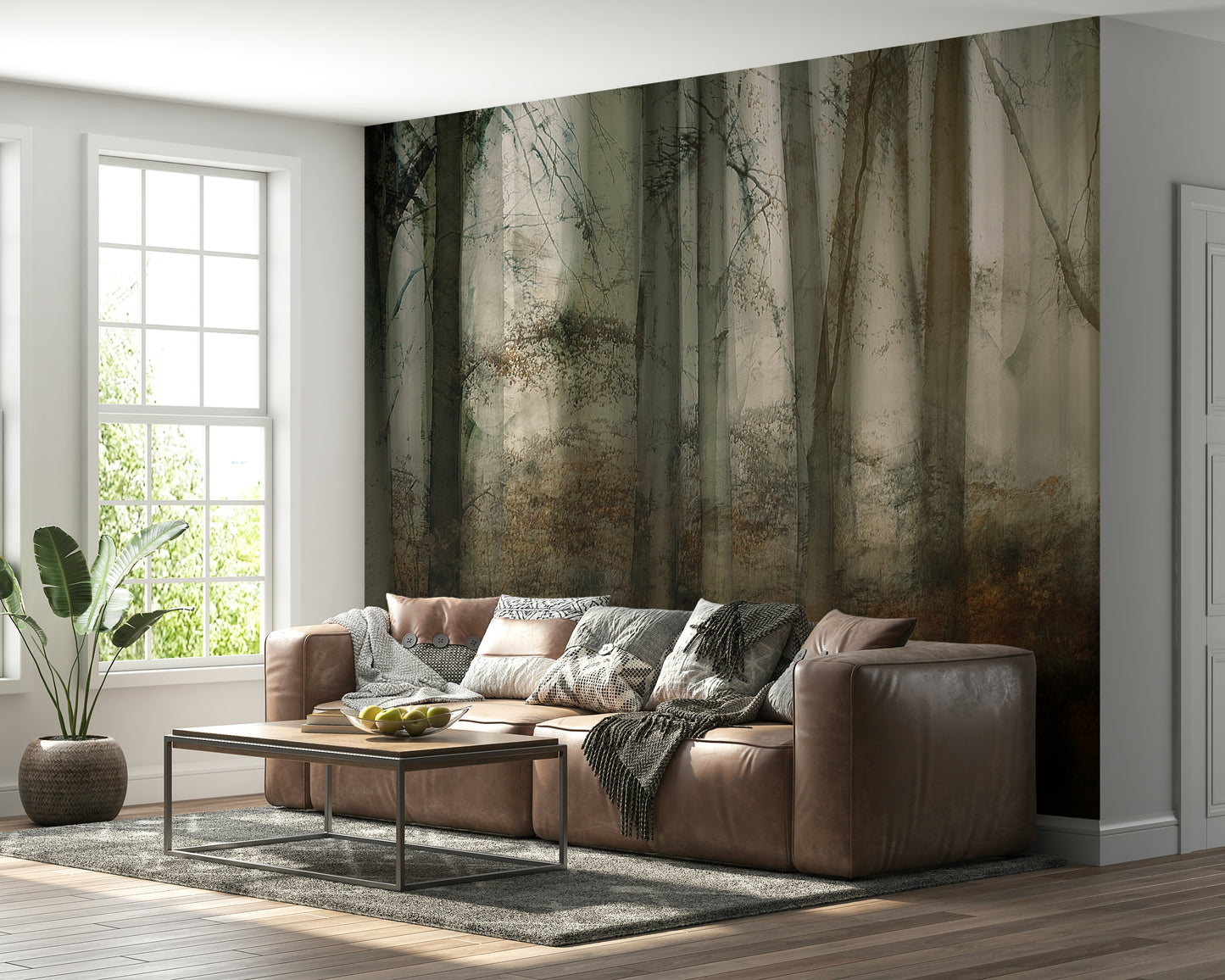 A graceful subtle light wall mural in cool, natural tones.