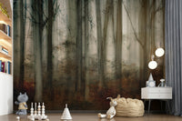 A peaceful woodland vista mural on decorative wallpaper.