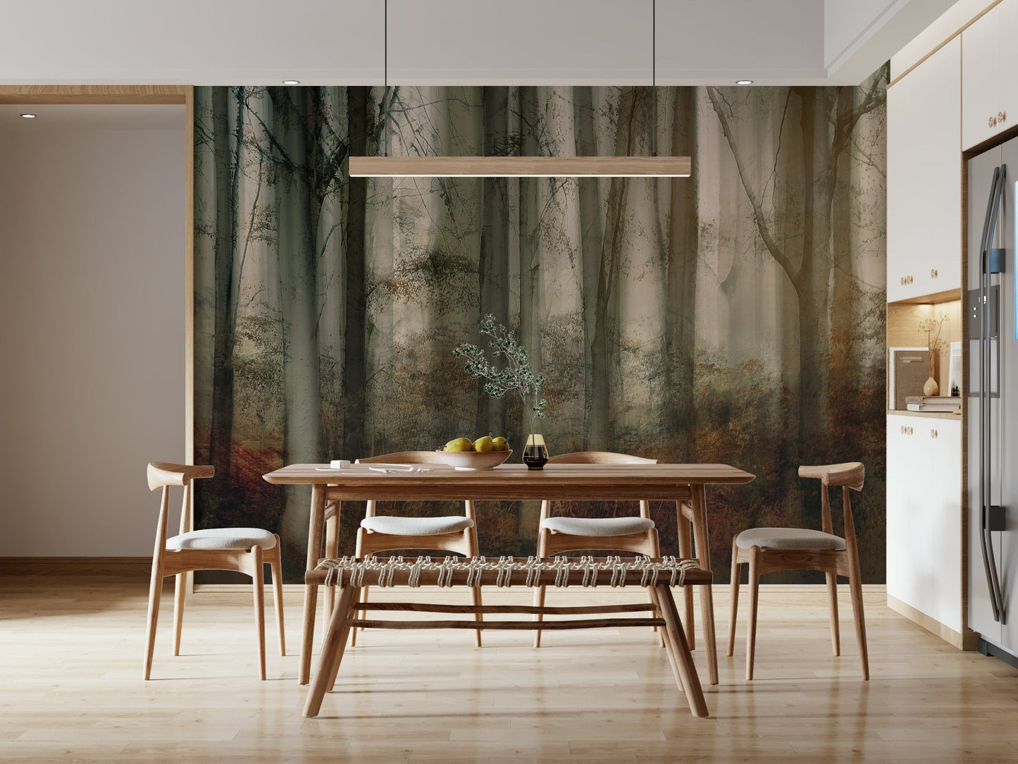 A calming serene forest wallpaper mural that defines a space.