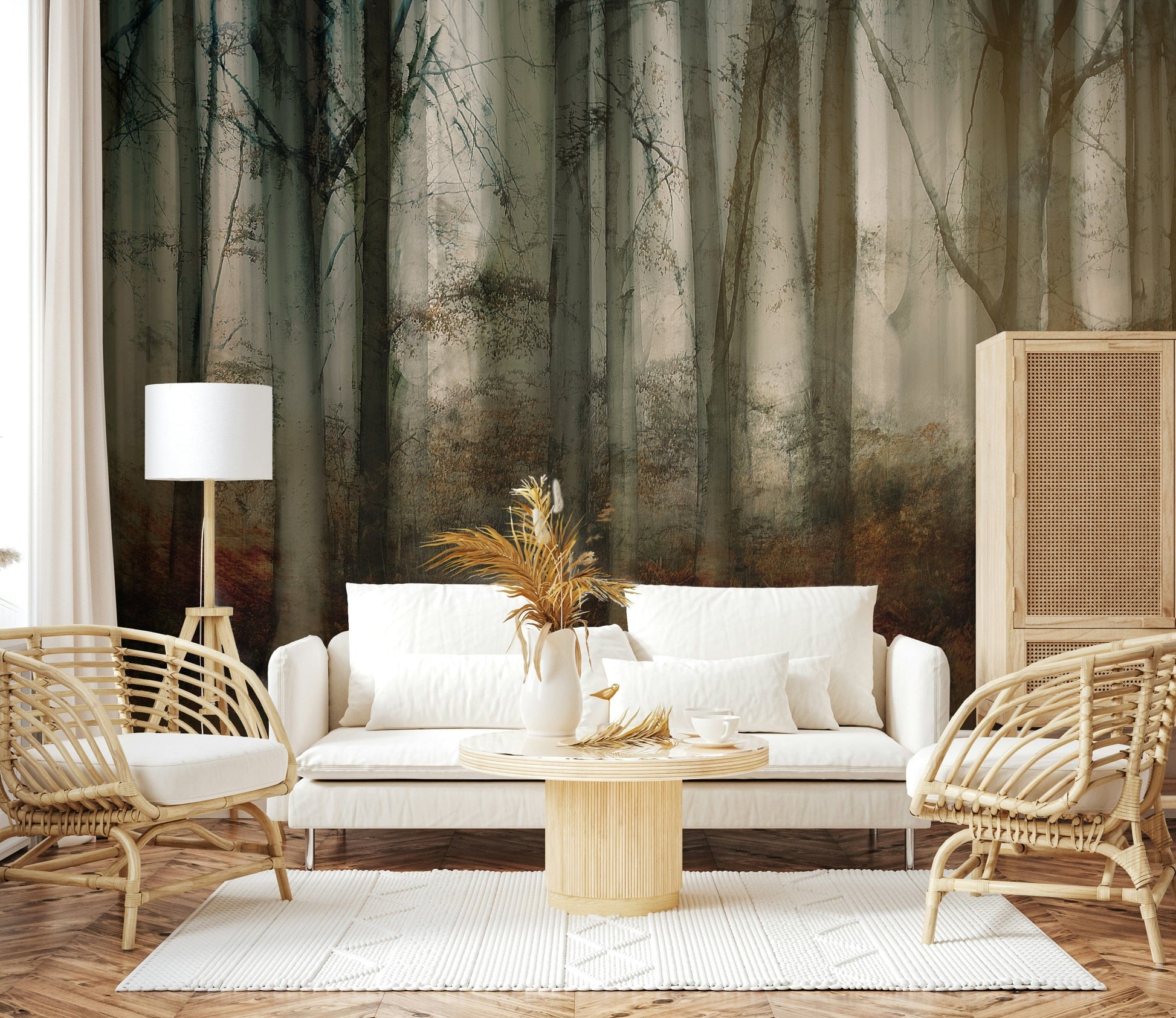 A beautiful ethereal forest wallpaper mural with soft, misty light.