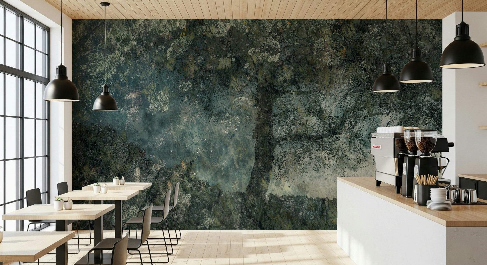 A serene mysterious forest wall mural for dramatic decor.