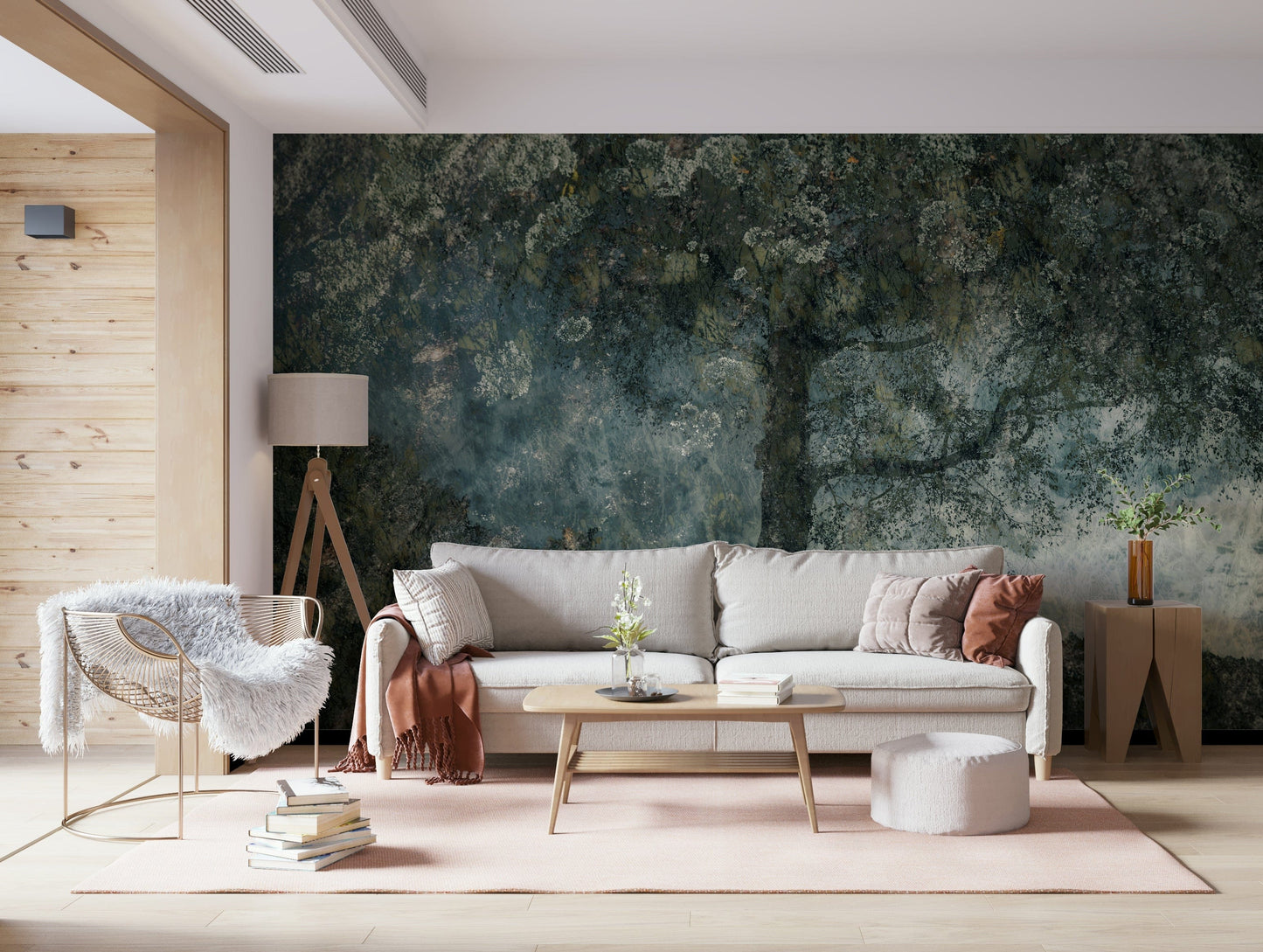 An artistic soft focus mural on minimalist wallpaper.