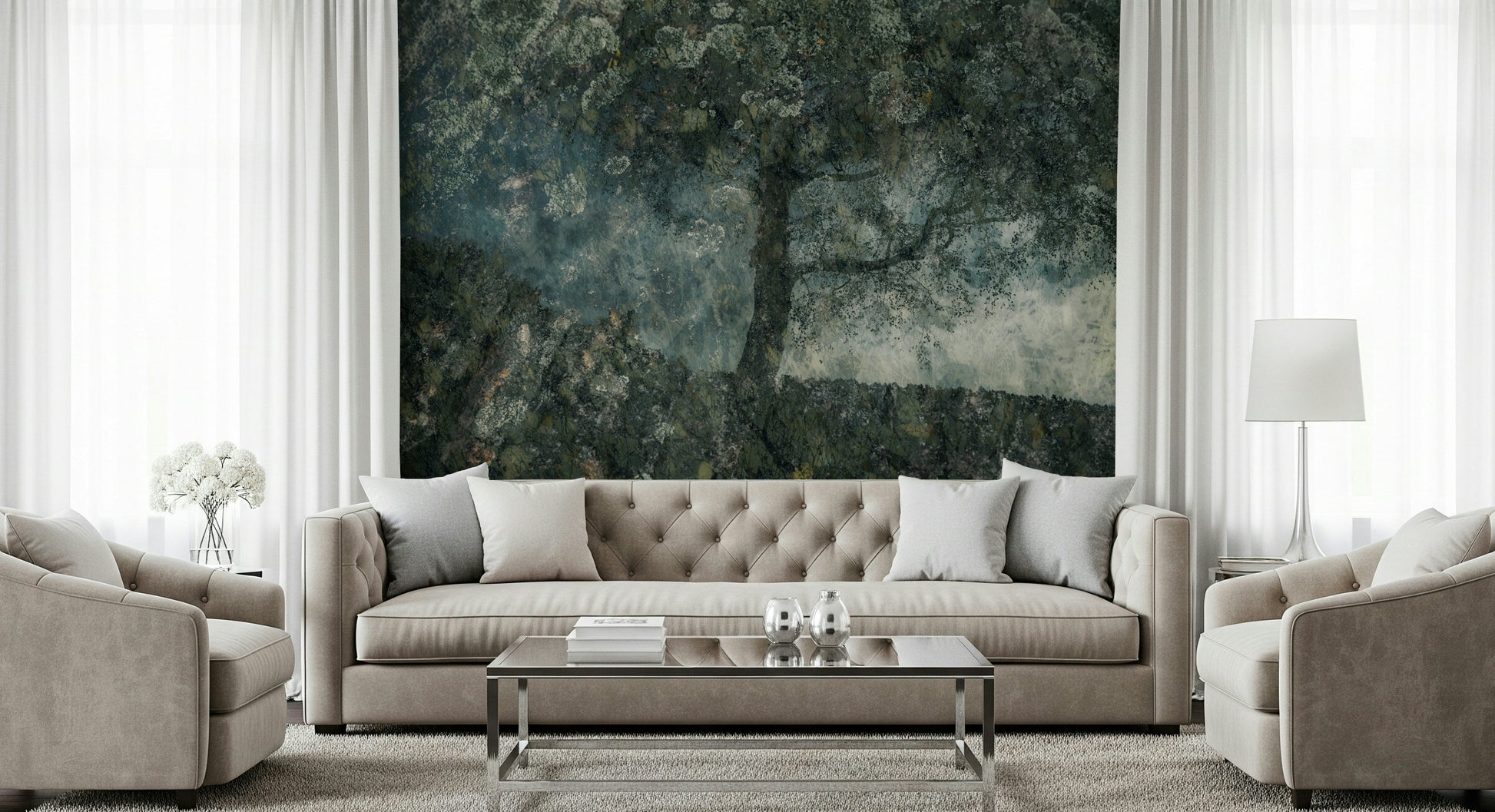 A calming abstract design wallpaper mural that defines a space.
