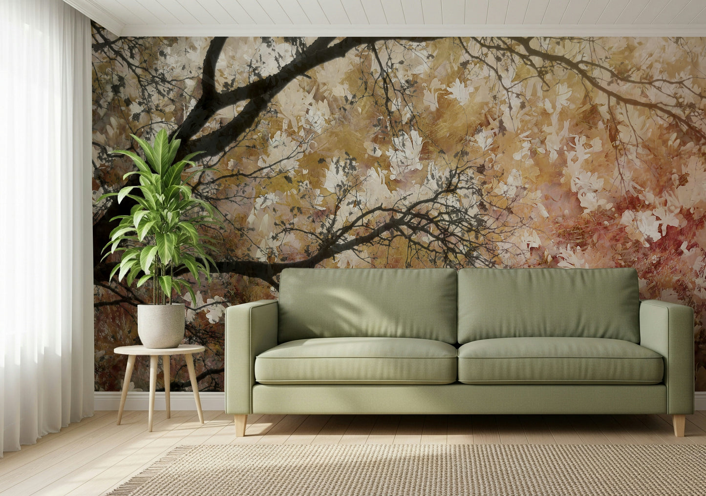 A contemplative misty forest wallpaper mural for a feature wall.